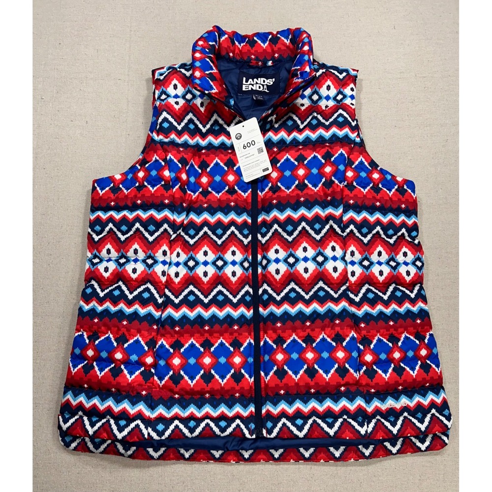 Lands End Mens XL Tall 600 Fill Down Puffer Vest Geometric Fair Isle NWTS
